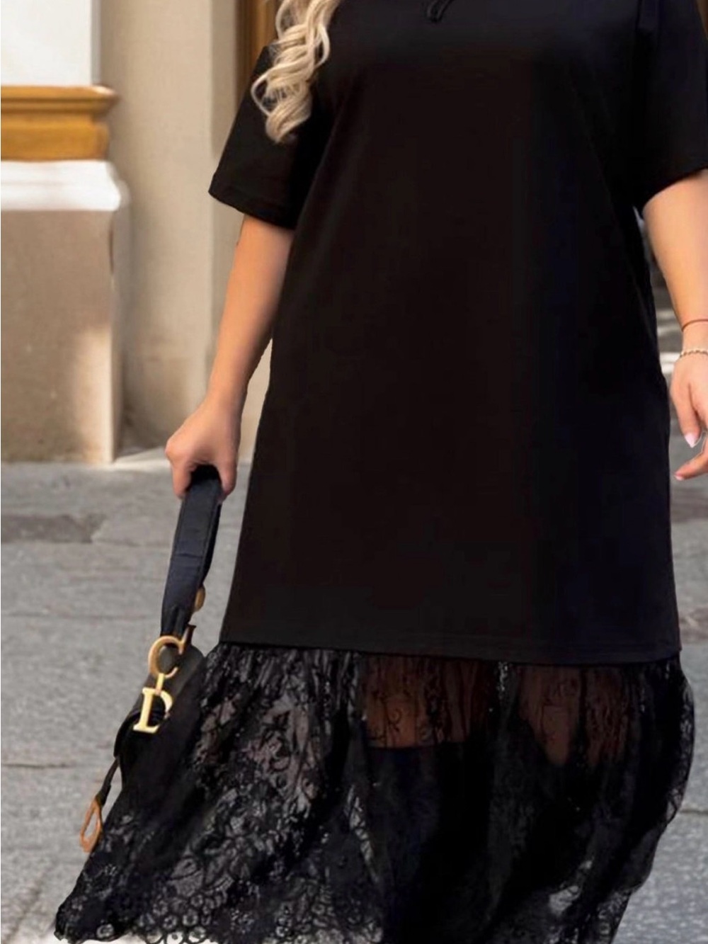 Black Lace Hem Midi Dress with Strap Detail